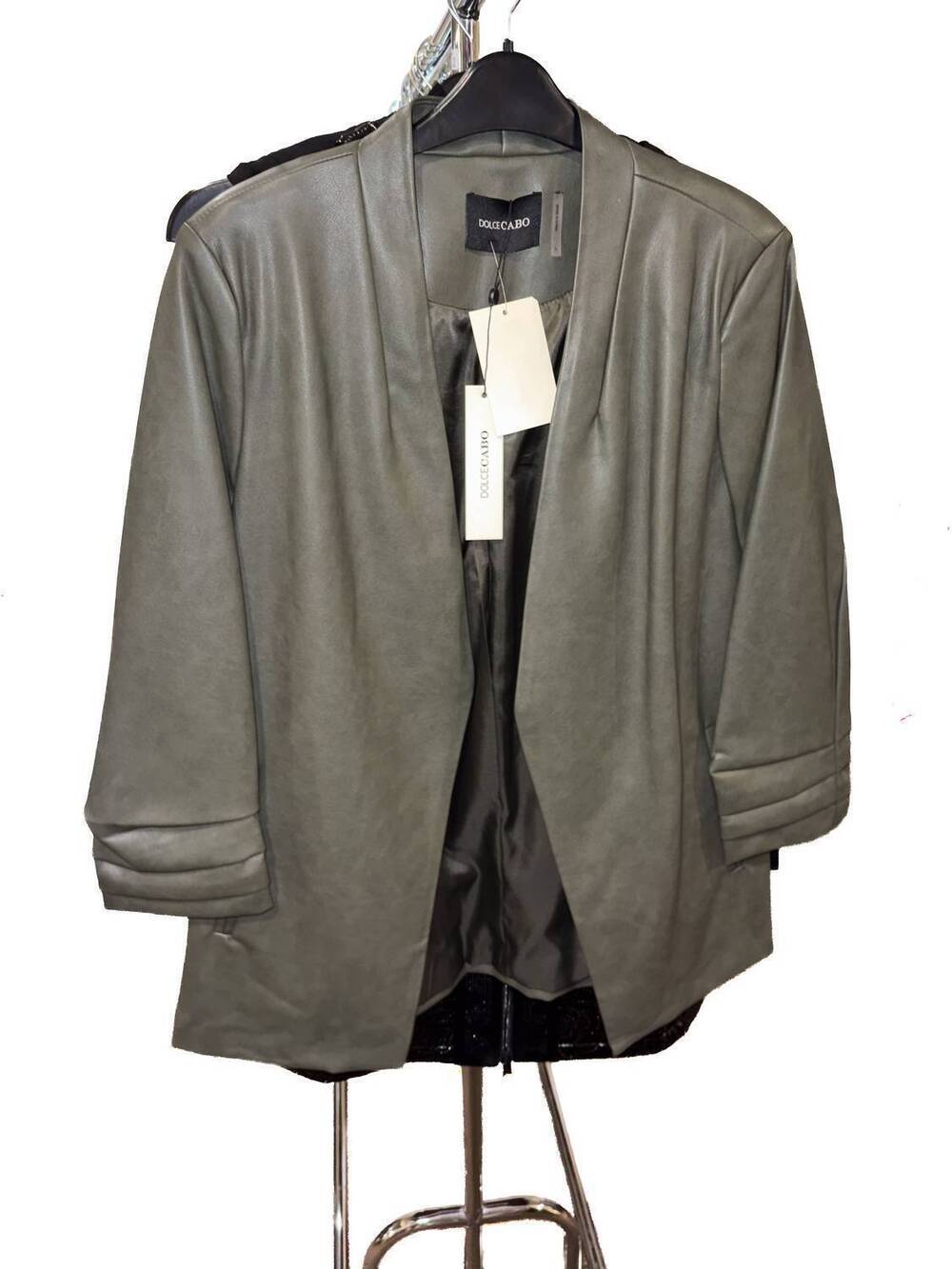 NEW DOLCE CABO women's vegan leather ruched sleeve blazer in army green